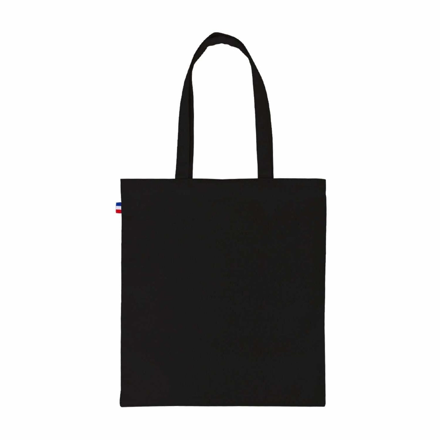 Tote bag en coton épais noir, solide et élégant, fabriqué en France avec anses longues.