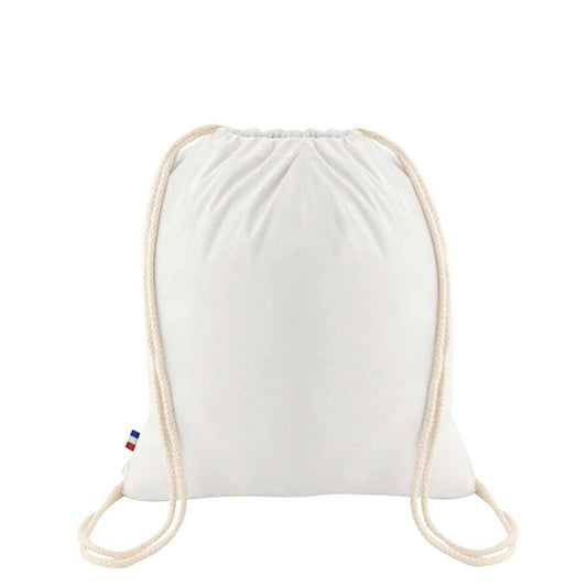 Sac à cordelettes en coton recyclé blanc, 38x42 cm, fabrication française, design simple et écologique