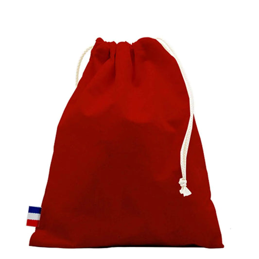 Pochon en coton tissé rouge avec cordon blanc, fabriqué en France, durable et élégant.