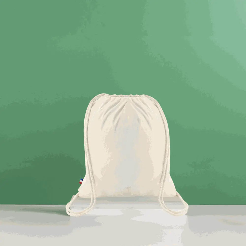 Sac à cordelettes en coton biologique certifié GOTS, fabriqué en France, 38x42 cm, sac écologique et pratique avec fermeture à cordelettes.