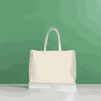 Sac cabas en coton biologique certifié GOTS, format 45x35 cm avec soufflet, anses longues, fabriqué en France, design élégant et écologique

