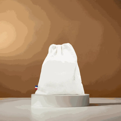 pochon en coton recyclé GRS blanc, fabriqué en France, fermeture coulissante, sac écoresponsable et pratique