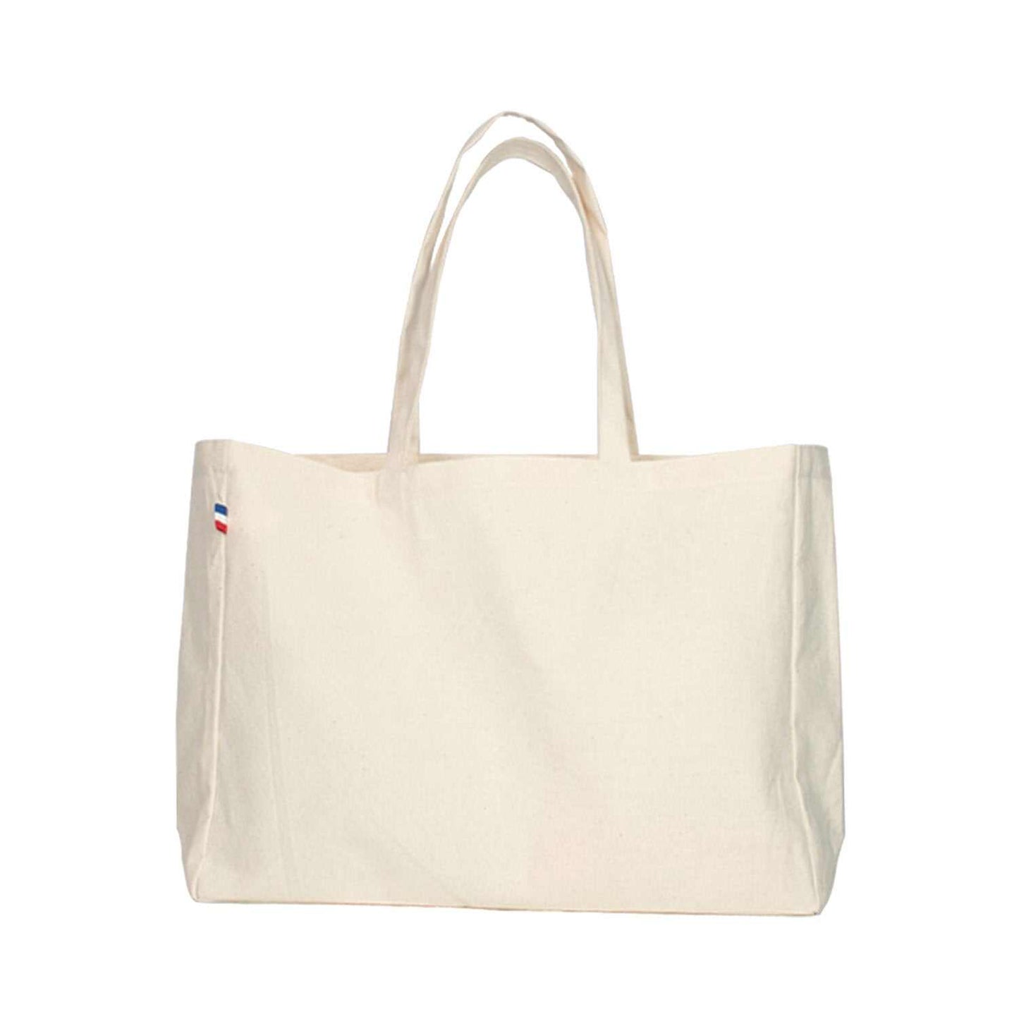 Sac cabas en coton biologique certifié GOTS, format 45x35 cm avec soufflet, anses longues, fabriqué en France, design élégant et écologique

