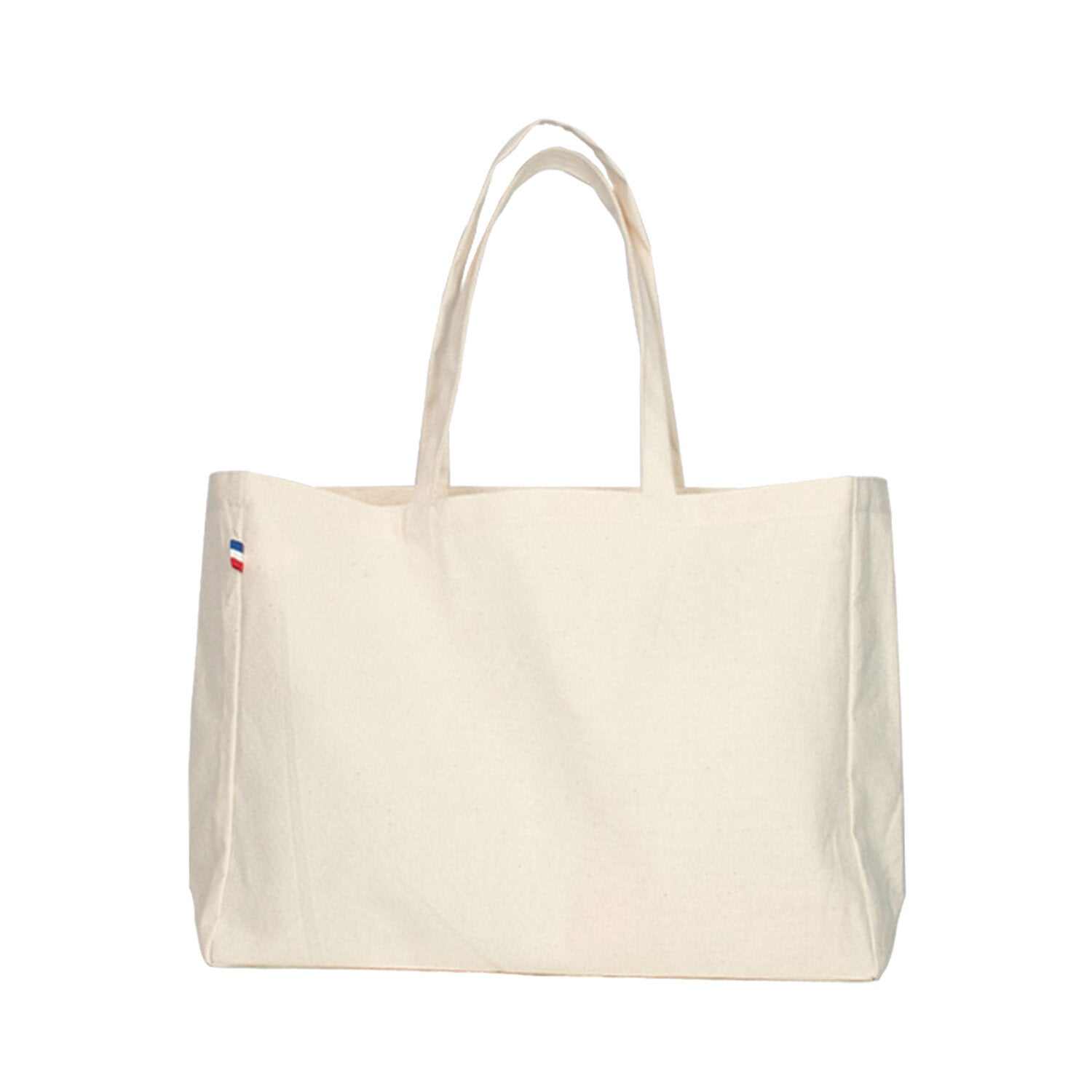 Sac cabas en coton biologique certifié GOTS, format 45x35 cm avec soufflet, anses longues, fabriqué en France, design élégant et écologique

