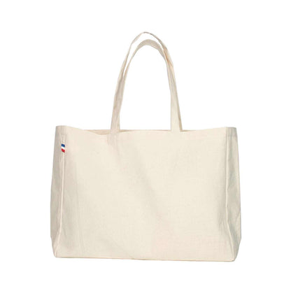 Sac cabas en coton biologique certifié GOTS, format 45x35 cm avec soufflet, anses longues, fabriqué en France, design élégant et écologique

