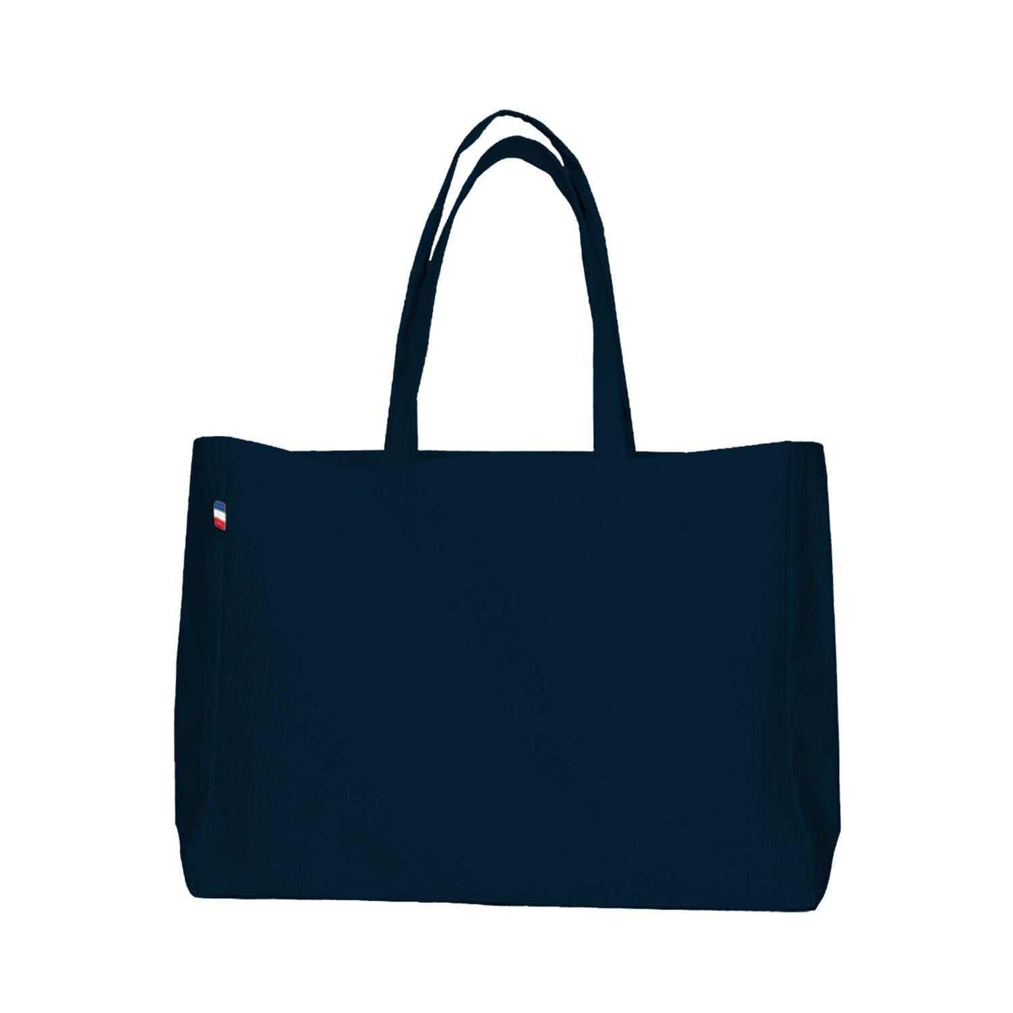 Sac cabas en coton avec soufflet total, modèle beige posé debout sur un fond neutre – grand format élégant fabriqué en France.