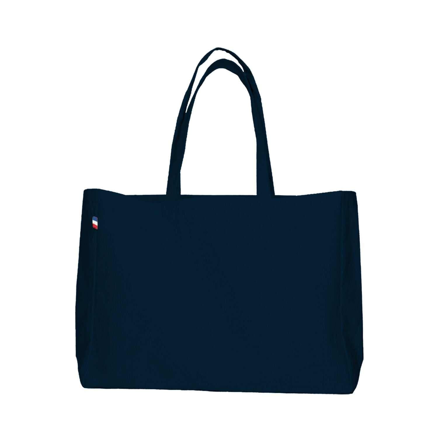 Sac cabas en coton avec soufflet total, modèle beige posé debout sur un fond neutre – grand format élégant fabriqué en France.