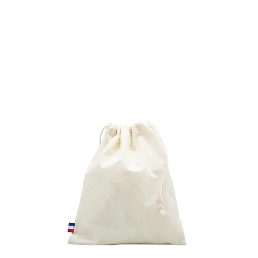 Pochon écoresponsable en coton bio GOTS blanc, grand sac robuste avec fermeture à cordon, made in France