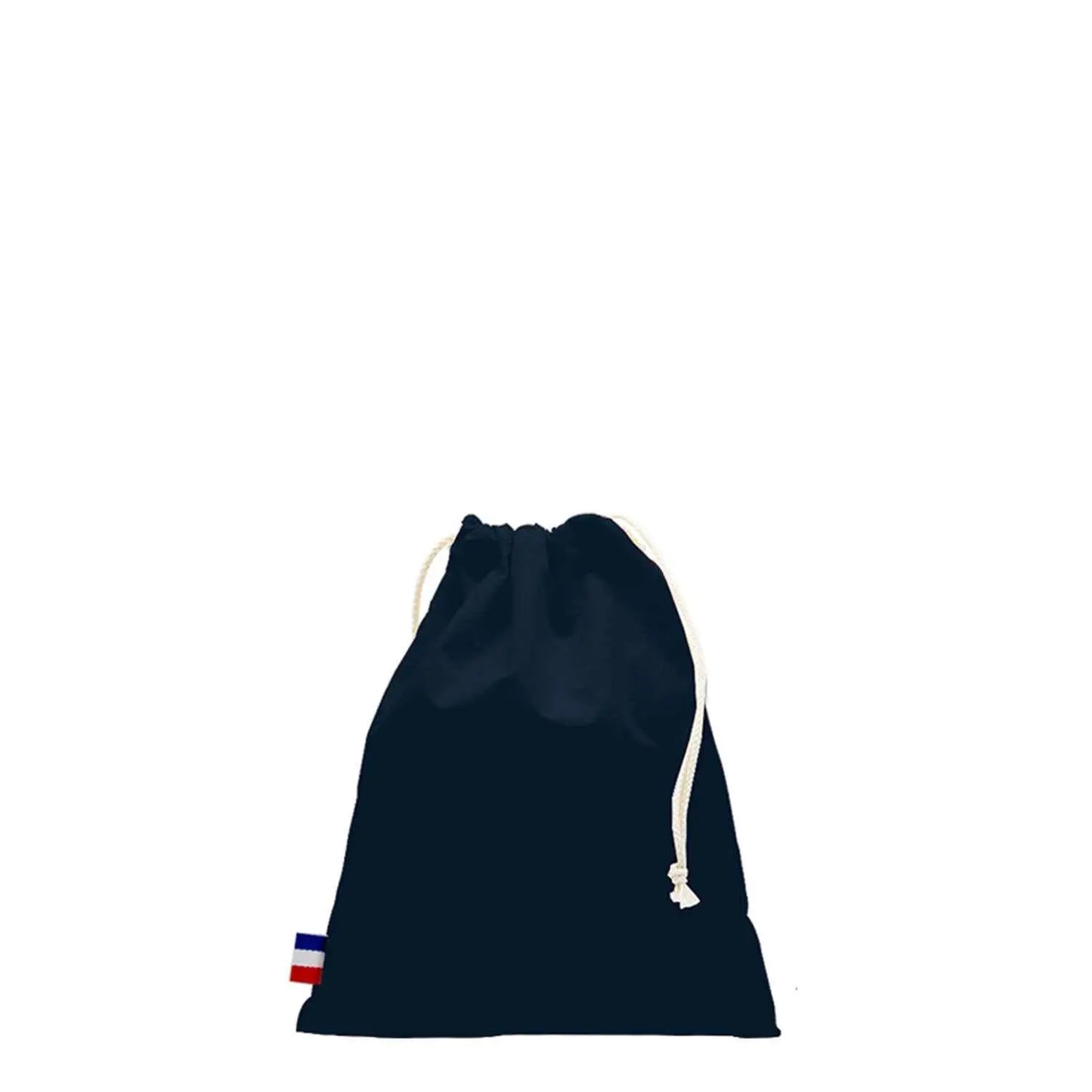 Pochon en coton tissé noir avec cordon blanc, fabriqué en France, durable et élégant.