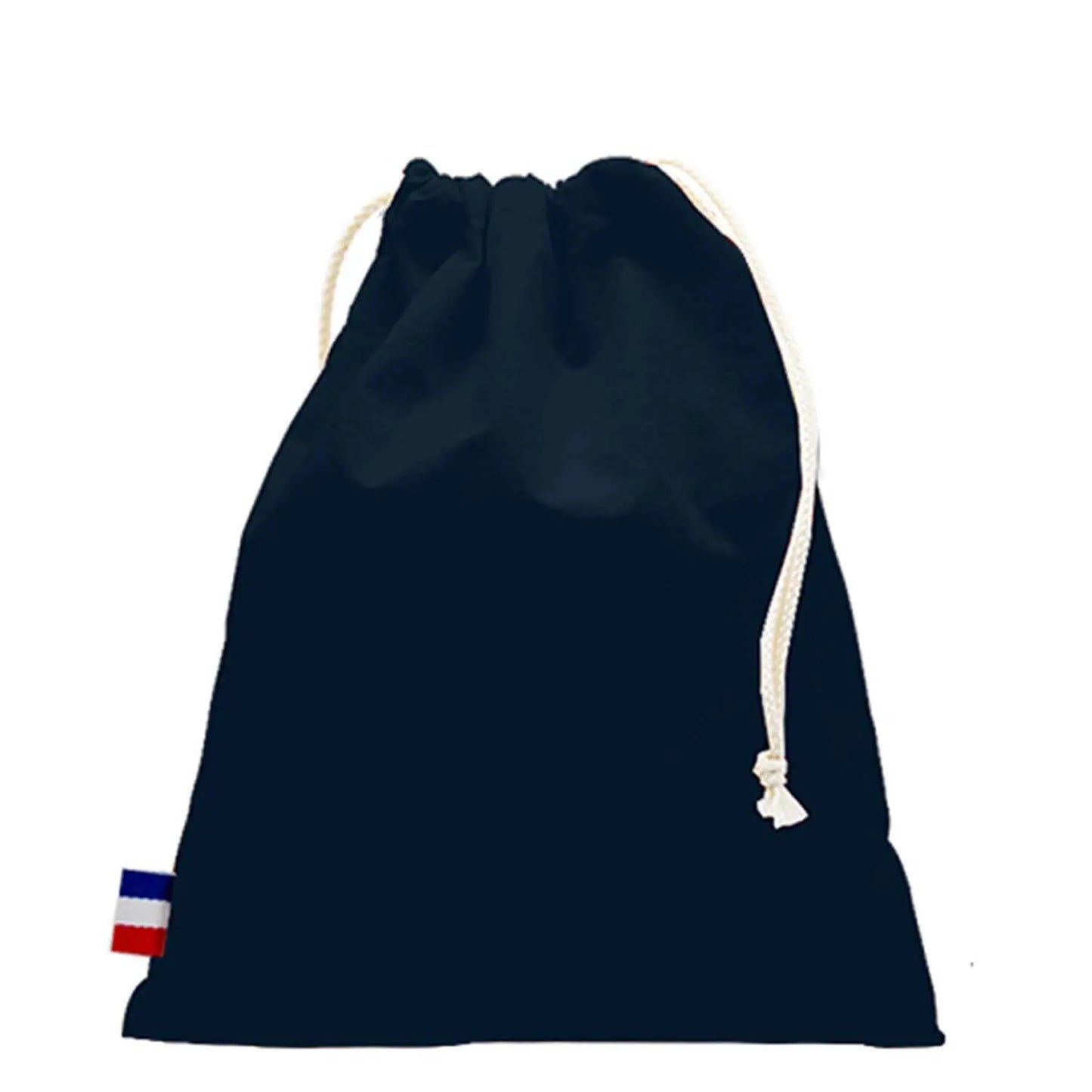 Pochon en coton tissé noir avec cordon de serrage, fabriqué en France, durable et élégant.