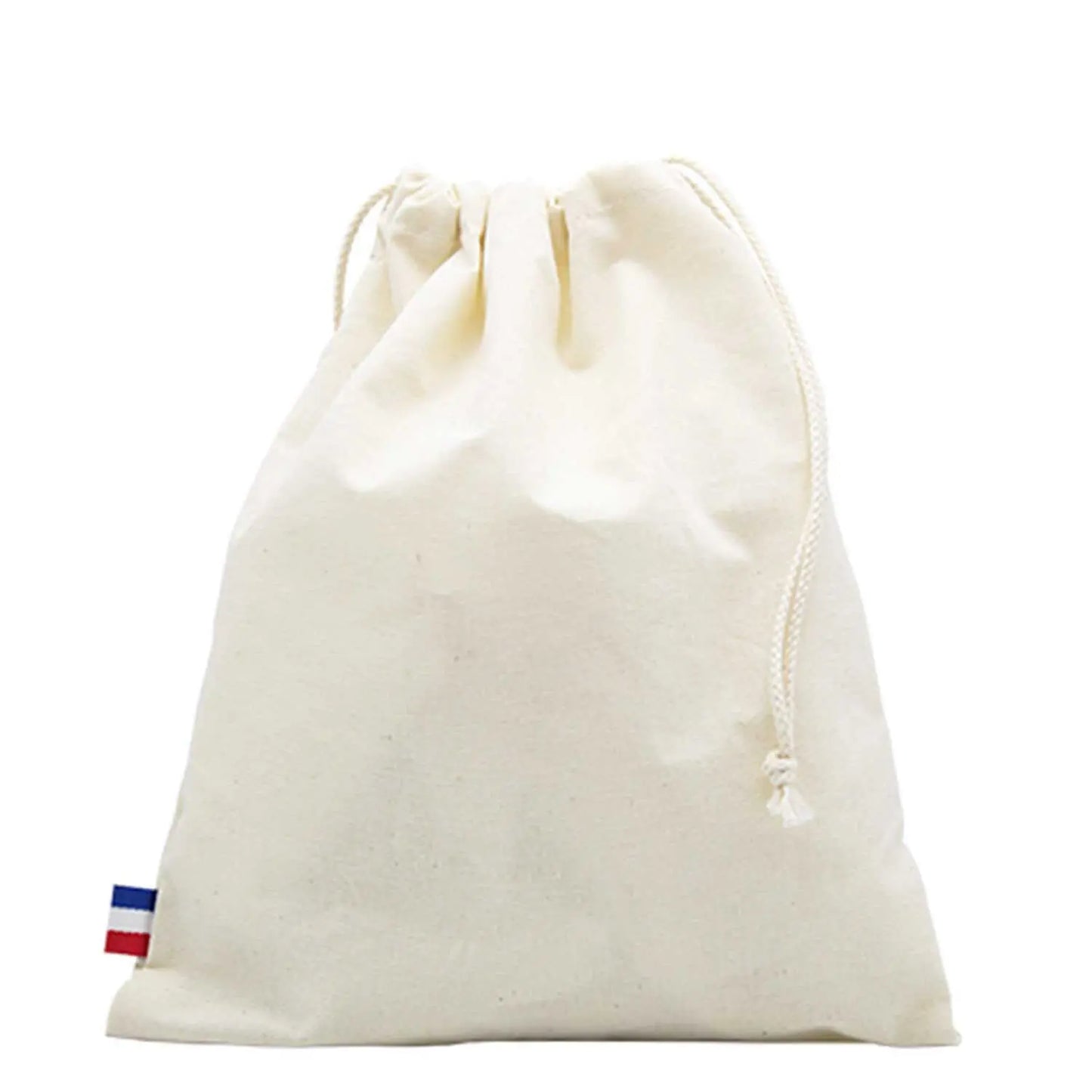 Pochon en coton tissé naturel, fabrication française, sac durable avec cordon de serrage, design simple et élégant.