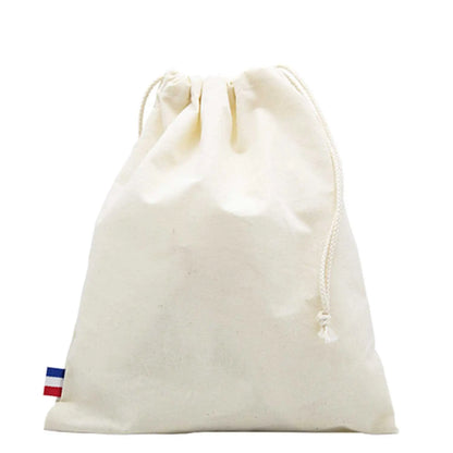 Pochon en coton tissé naturel, fabrication française, sac durable avec cordon de serrage, design simple et élégant.