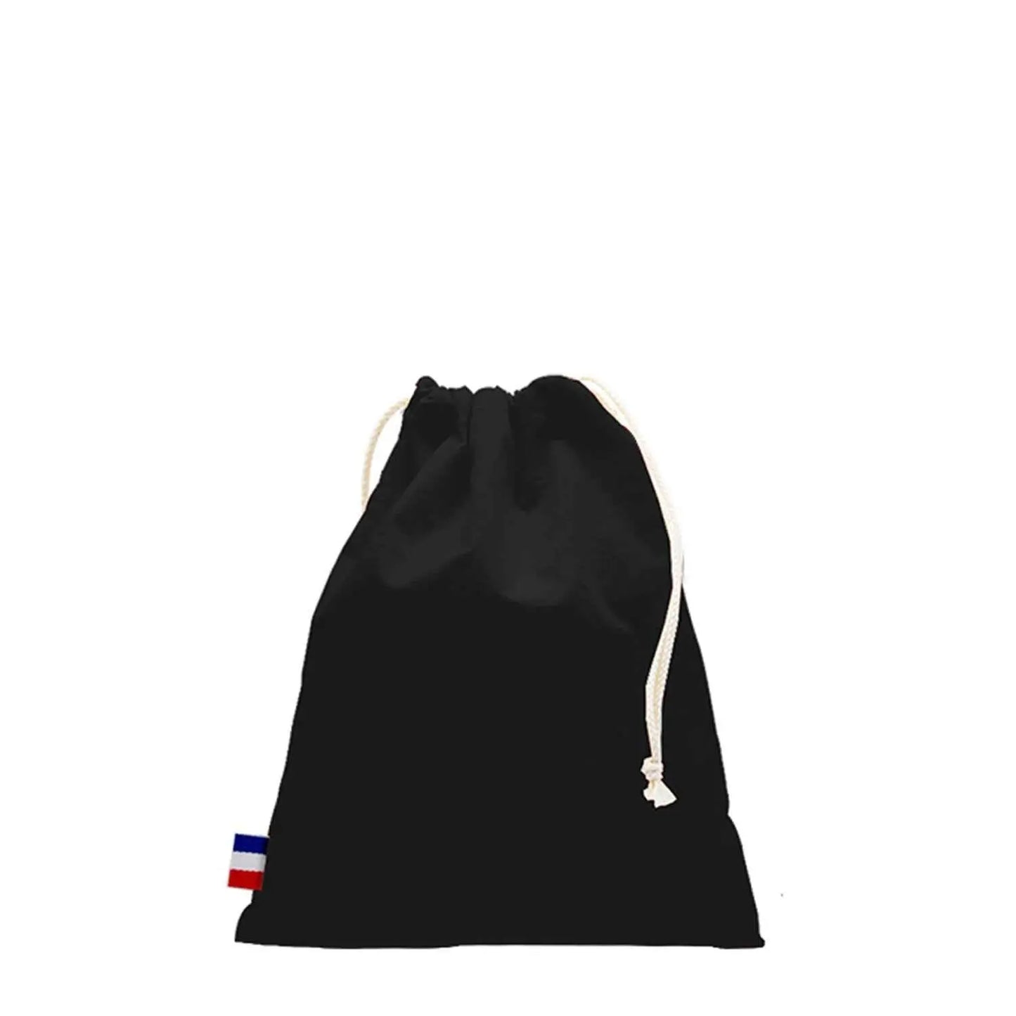 Pochon en coton tissé noir avec cordon coulissant et étiquette tricolore fabriqué en France, sac durable et élégant.