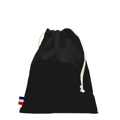 Pochon en coton tissé noir, fabriqué en France, avec fermeture coulissante et label tricolore, durable et élégant.