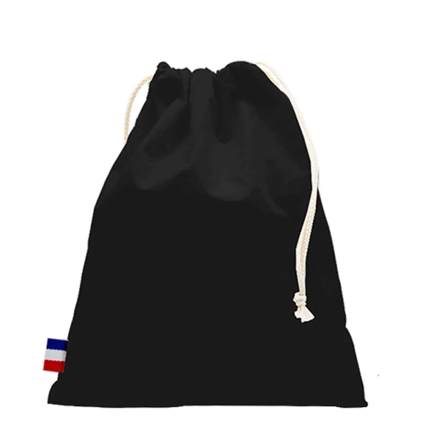 pochon en coton tissé noir avec cordon blanc, durable et fabriqué en France, étiquette tricolore française