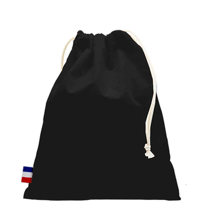 pochon en coton tissé noir avec cordon blanc, durable et fabriqué en France, étiquette tricolore française