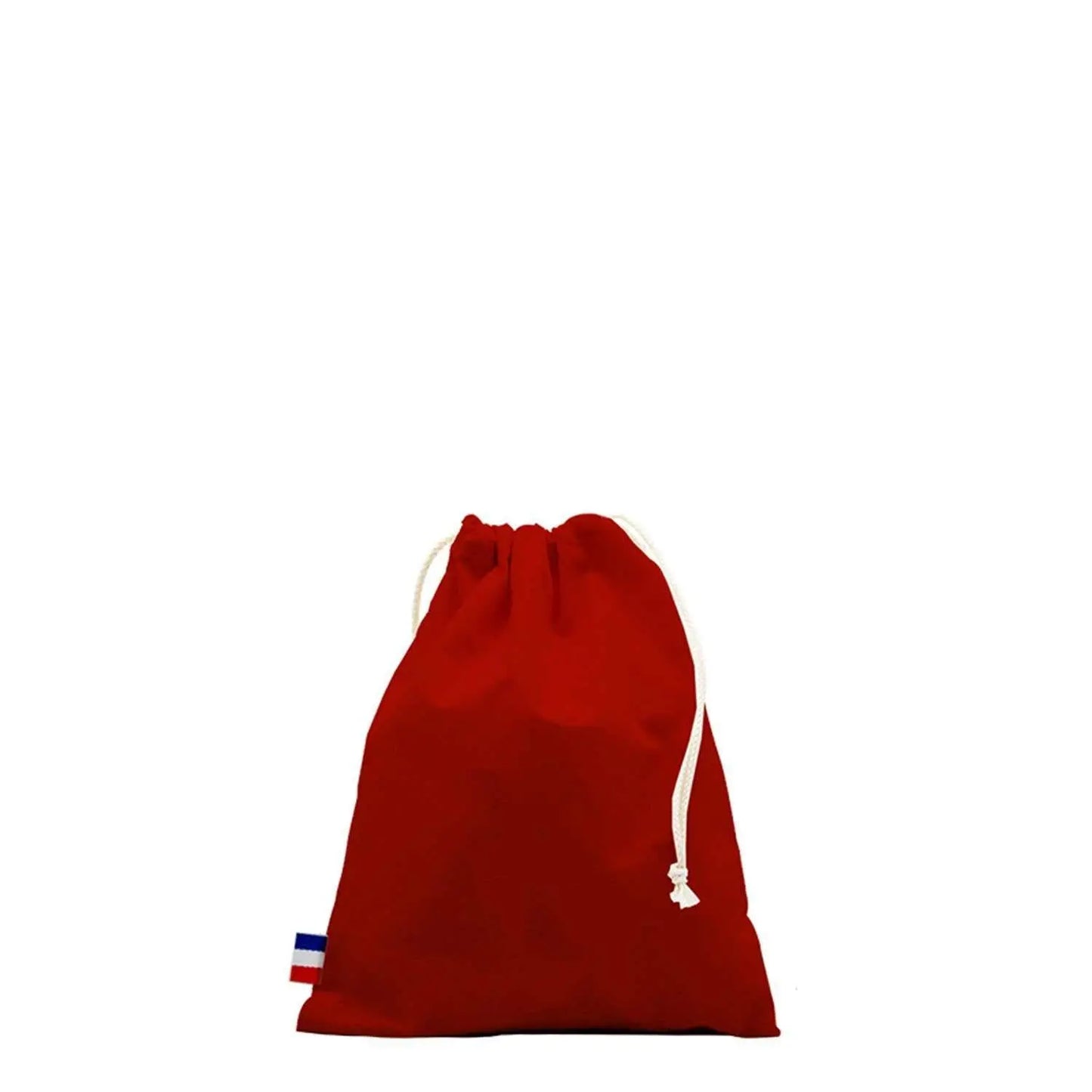 Pochon en coton tissé rouge, fabriqué en France, durable et écologique avec fermeture coulissante, disponible en 4 formats et couleurs élégantes