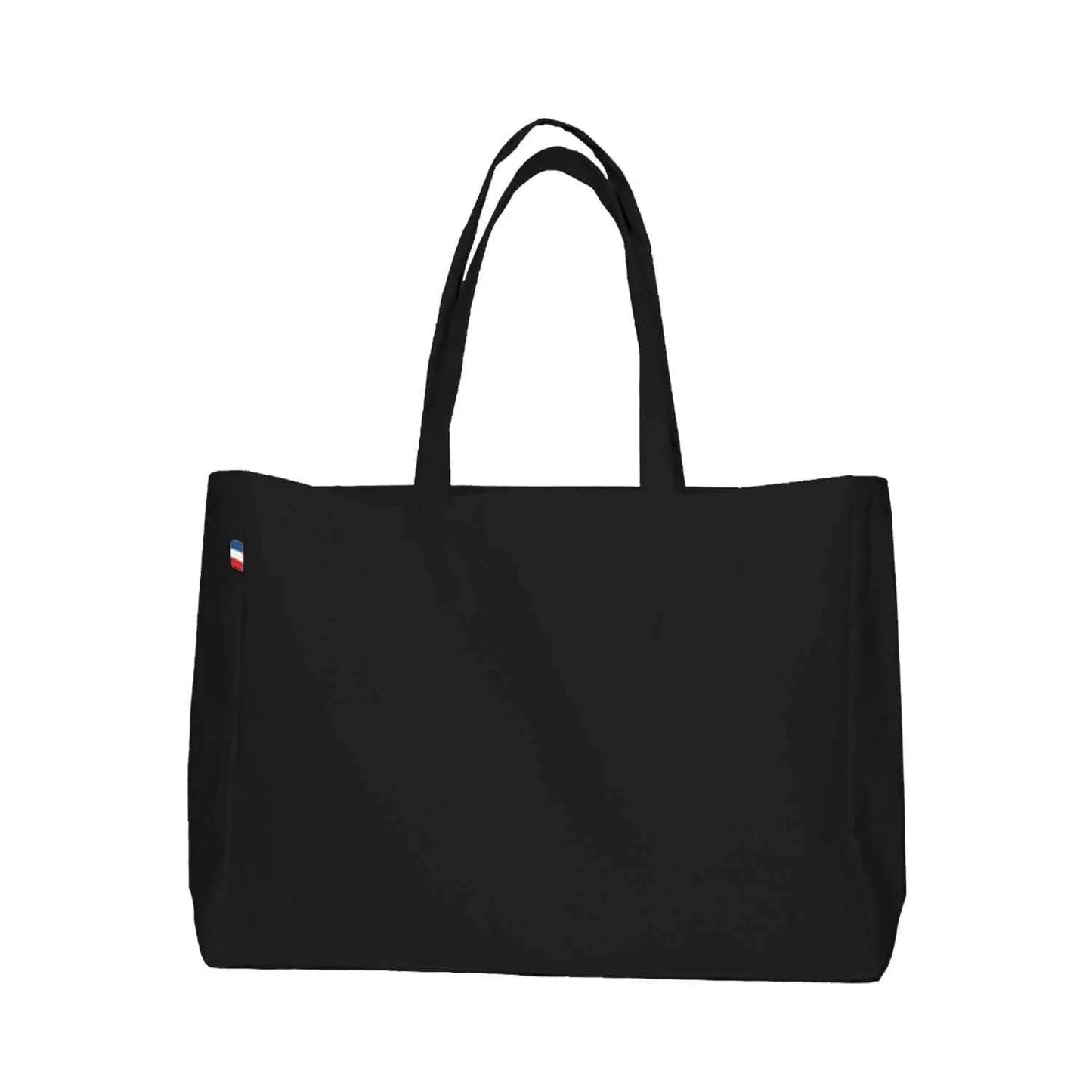 Sac cabas en coton noir grand format avec soufflet total et fabrication française, robuste et élégant.