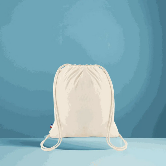 Sac à cordelettes écologique en coton naturel écru, léger et fabriqué en France, format 38x42 cm