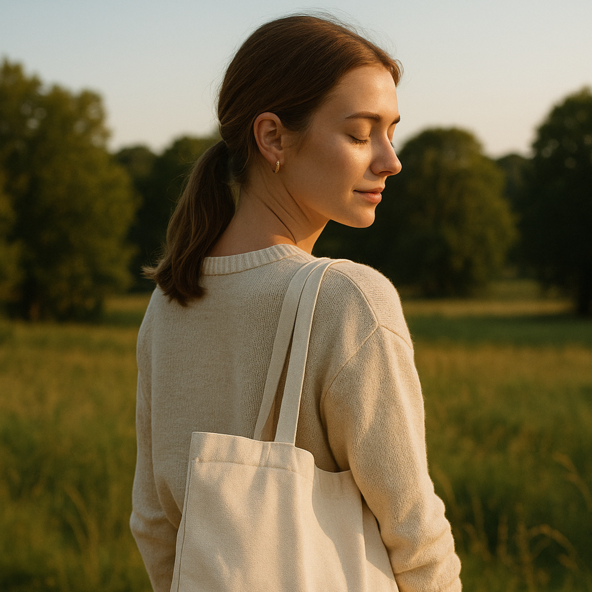 Jeune femme de profil portant un sac en coton bio certifié GOTS, dans un champ au coucher du soleil