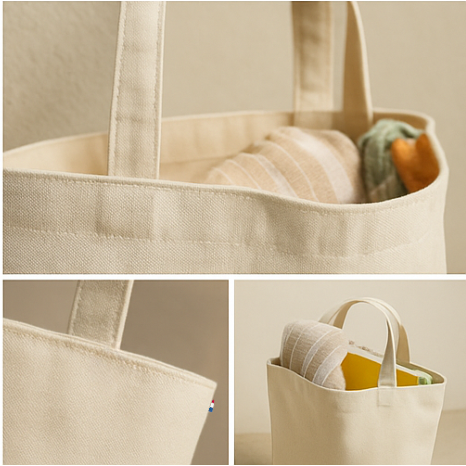 Sac cabas en coton bio écru, fabriqué en France, contenant des textiles pliés